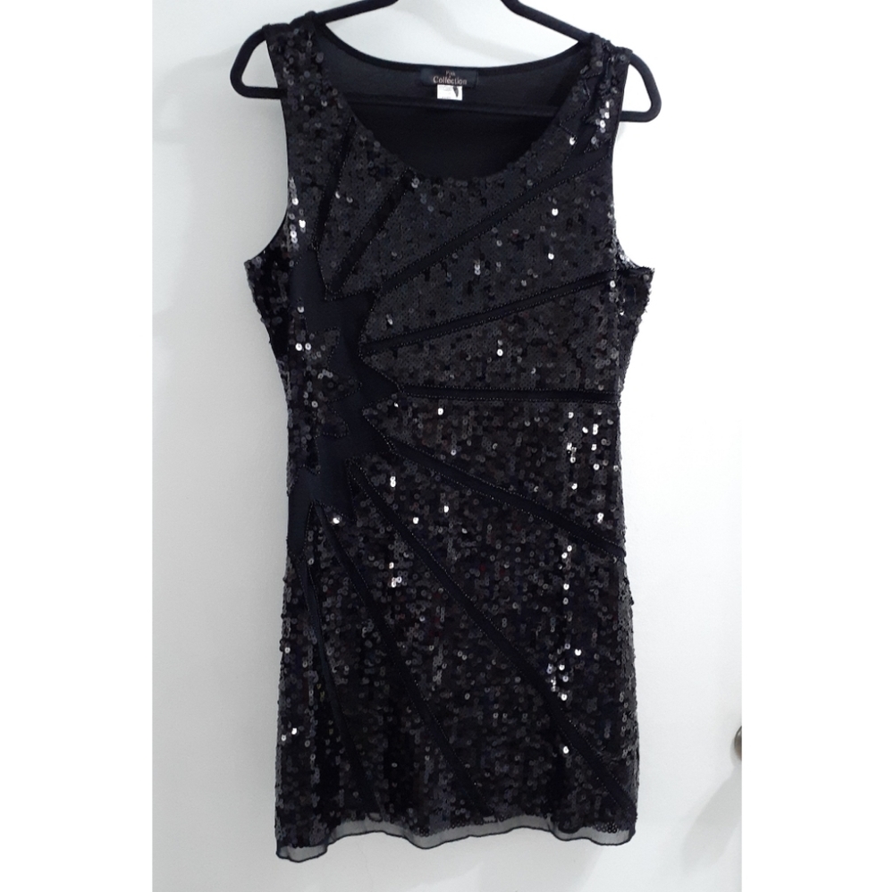 Black sequined evening cocktail dress.